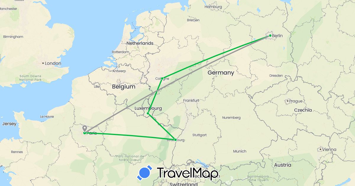 TravelMap itinerary: driving, bus, plane in Germany, France, Luxembourg (Europe)